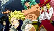 Team Sabertooth obnoxiously smiling at Team Fairy Tail