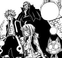 Alma de Hades falando com Natsu, Happy e Lucy.