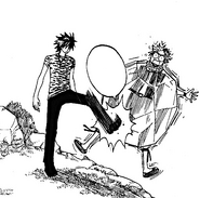 Gray kicks Natsu off the temple