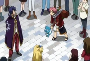 Natsu, Bora e Lucy observando um ao outro.
