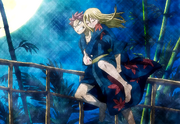 Natsu carrying a drunk Lucy