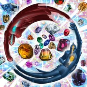 Two gemstone-clad Crystallos Forge: Clone beings combining.