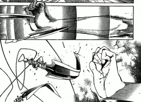 Markus applying both his speed and durability to stop even the sharpest blades from skewering him.