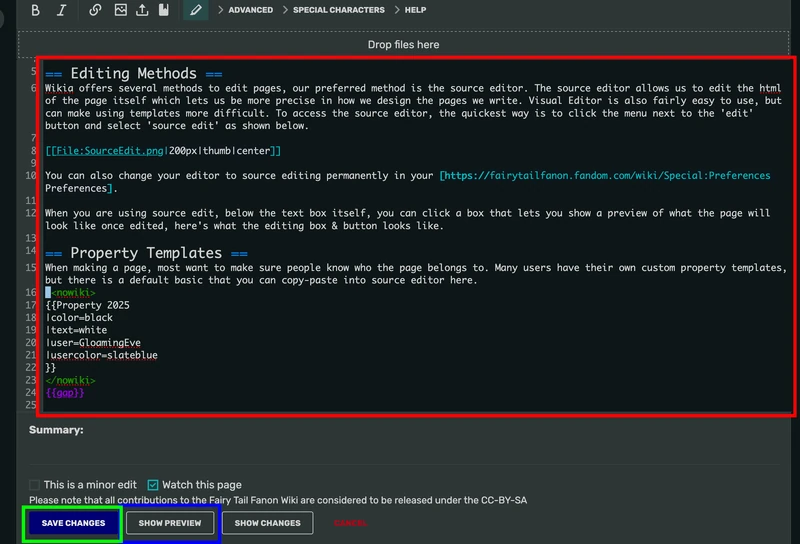 Red is your editing box, blue is the preview button, and green saves your changes.