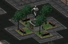 The statue of the Vault Dweller in front of the Hall of Congress