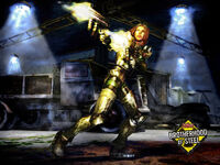 Nadia fighting while wearing armor