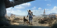 Nora, mit ihrem treuen Begleiter Dogmeat, die ins Ödland wandert.