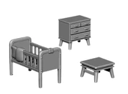 Coffee table, crib, and dresser