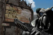 Enclave soldiers in advanced power armor in front of a pre-War poster depicting the T-51b PA. In the reflection of the right lens, the Chosen One can be seen.