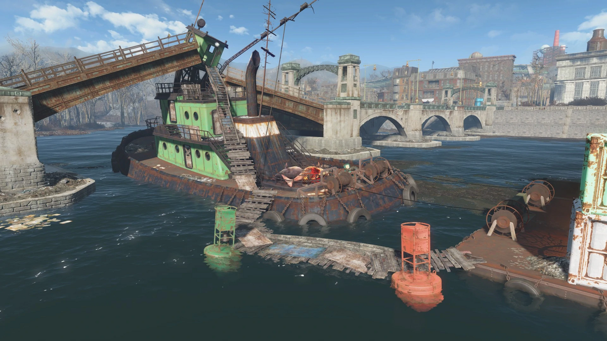 Игра разрушение кораблей. Фоллаут 4 корабли. Фоллаут 4 баржи. Fallout 4 клокот. Фоллаут 3 разрушенный мост.