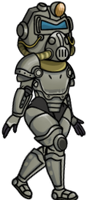 A female vault dweller wearing the T-51a power armor