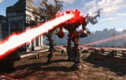 Liberty Prime uses laser to burrow into the Institute
