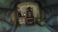 Electric chair and gnome inside a trailer