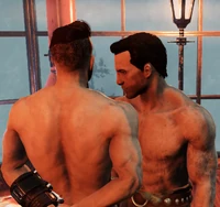FO76WL Beckett boyfriend.png (1.01 MB) Beckett with a male Vault Dweller as his boyfriend