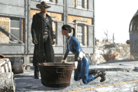 A ghoul wearing the West Coast Duster, near a Vault Dweller