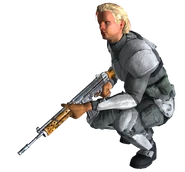 An American medic wearing combat armor with the winterized camouflage pattern.