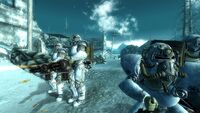 A T-51b power armored American soldier unit en route to the pulse field and listening post