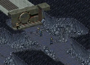 L'Habitant de l'Abri et Jacoren devant l'entrée de l'Abri 13 à la fin de Fallout