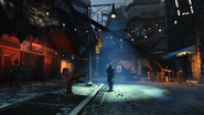 Nick in the Fallout 4 trailer, walking under a streetlamp outside the Memory Den