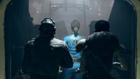 A Vault Dweller being led into the Watoga civic center