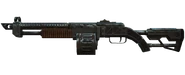 Combat shotgun modified with a ported long and shielded barrel, marksman's stock, front sight ring, drum magazine and compensator