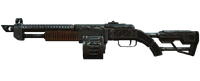 Combat shotgun modified with a ported long and shielded barrel, marksman's stock, front sight ring, drum magazine and compensator