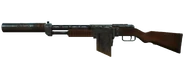 A long barrel combat shotgun with a full stock, medium magazine and suppressor