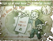 «Зареєструйся в місцевому Сховища сьогодні! Це ніколи не пізно!» На плакаті Волт-Бій тримає форму запрошення в Сховище.