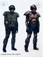 Combat armor, reinforced and Combat armor, reinforced mark 2 concept art, Fallout: New Vegas Official Game Guide; Behind the Bright Lights & Big City