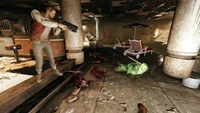 Marty killing a feral ghoul in the Orwell Orchards bomb shelter