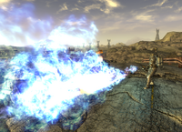 The weapon discharging its unique blue flame