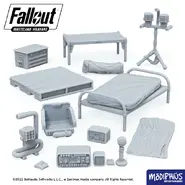 Ammo pouch, camp stove, construction light, dufflebag, radios, pallet, sleeping bag