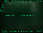 Status screen showing "Minderlithe" while wearing the poplar's hood