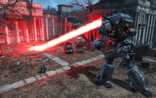 Liberty Prime breaks through the laser entrance to the Institute