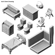 Bed, couch, dresser, office chair, toilets, vault shower