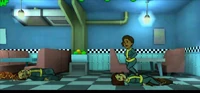 A female Vault dweller, near two dead Vault dwellers in a diner