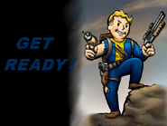 Vault Boy in a Fallout loading screen, the first colored Vault Boy