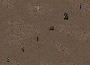 Range reference. Characters are spaced out at 10 hex intervals from the Vault Dweller in the lower left corner.