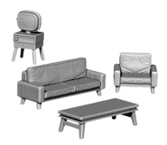 Chair, coffee table, couch, and TV