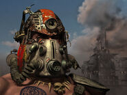 Tribal wearing a scavenged power armor helmet