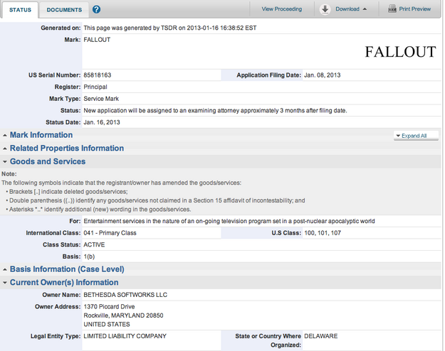 Fallout TV Trademark Registration