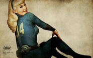 Promotional wallpaper depicting a woman in a Vault 34 Jumpsuit. This picture is in Fallout: New Vegas revealed to be of Pearl when it is painted with her name on the B-29
