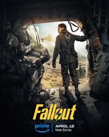 Maximus in a flying Vertibird with a Brotherhood member wearing T-60 power armor sitting on his left on a poster