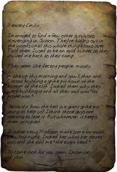 Unsent letter may refer to one of the paper notes in Fallout 76. 