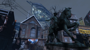 The Paul Revere Monument in front of the Old North Church, with the Prydwen in the background