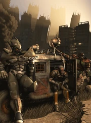 Several brothers resting near a ruined city