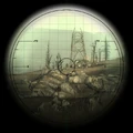The scope view and the required aim compensation for a head shot.