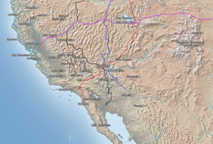 Physical map of New California and neighboring eastern territories (does not include post-2077 geographic changes to the coastline)