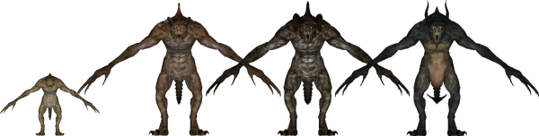 A deathclaw in all the major stages of its life.