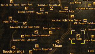 Want to get to new Vegas safely level 1? Just follow the blue line from  Sloan to Neils shack, then head north around the outer canyons to the NCR  shack to get